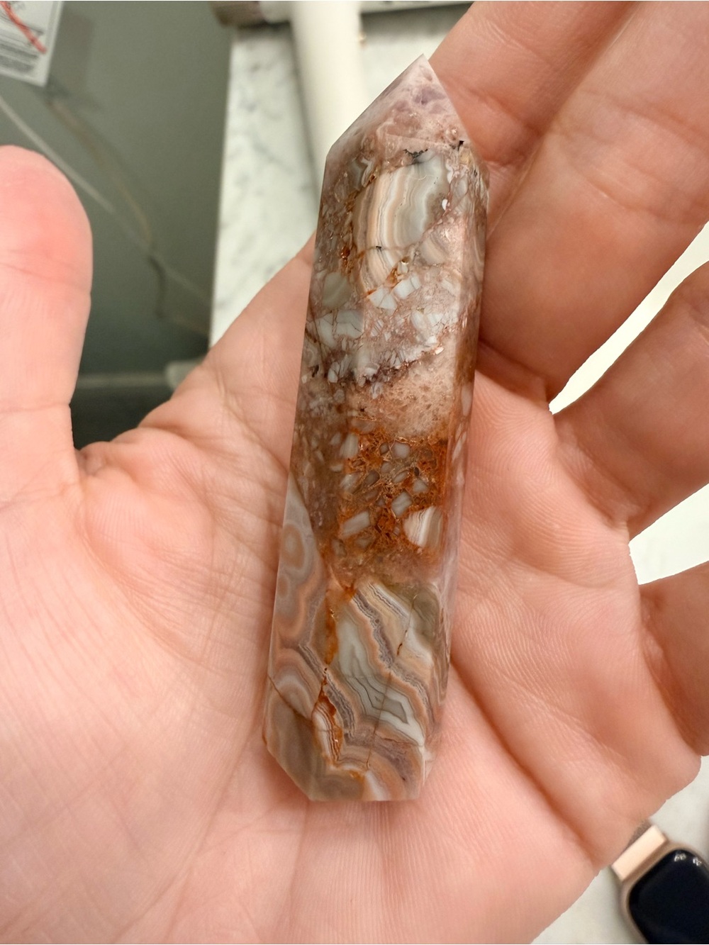 Polished Brown and Cream/Pinkish Crazy Lace Agate Point Tower